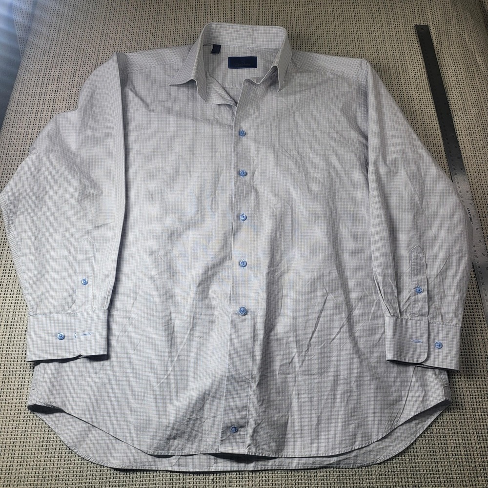 David Donahue Shirt Mens 17.5 34/35 Beige Check Classic Fit Dress Long Sleeve